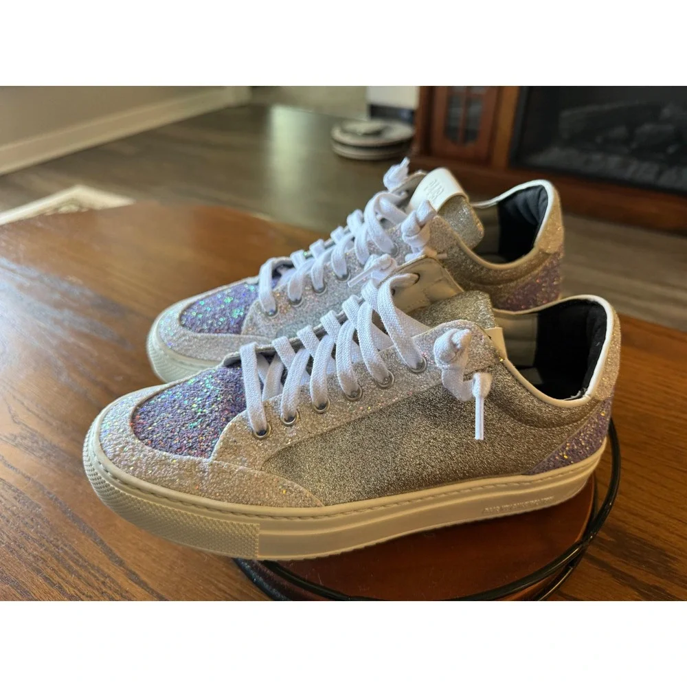 P448 John Womens Silver Purple Glitter Low Top Sneakers Size 38 Italy 0711